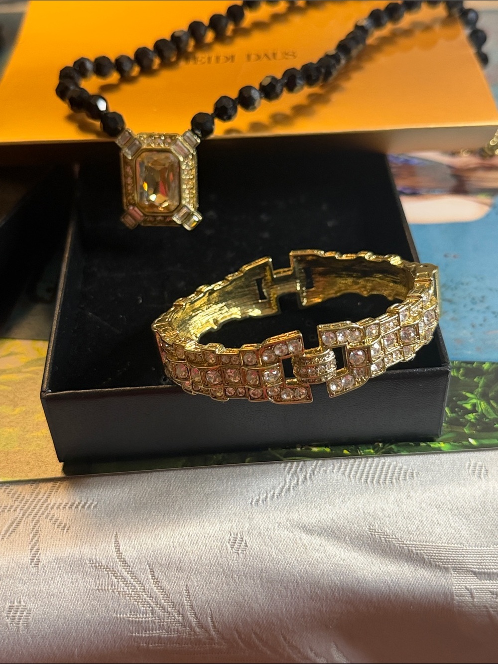 Heidi Daus Gold-Tone Amber Crystal Pendant Necklace and Bracelet
